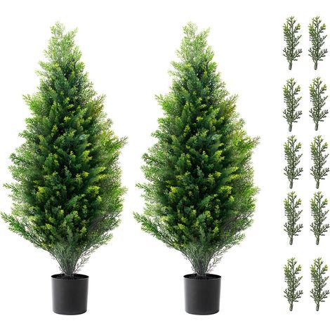 Cyprès artificiel en cèdre, 90 cm, 2 pièces, avec feuilles supplémentaires et pot, faux pin vert, résistant UV, décoration intérieure/extérieure. (1/5)