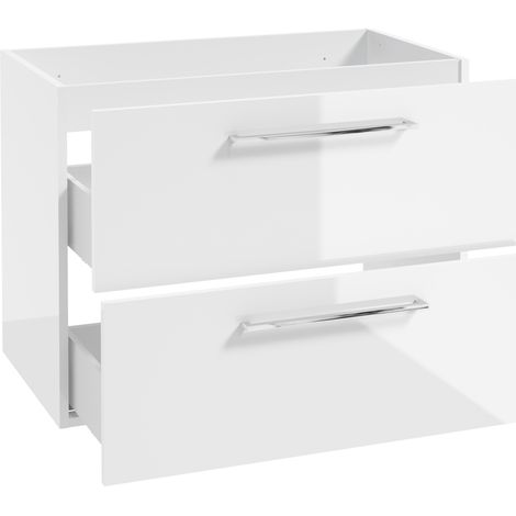 Waschtischunterschrank mit Metallgriffen in chrom, 80 cm breit mit 2 Schubkästen, in weiß Hochglanz lackiert MESSINA-107, B/H/T: ca. 80/60/40 cm (1/4)