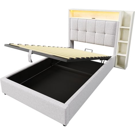 Lit avec rangement et lit capitonné beige, lit coffre 90x200 avec éclairage LED, ports USB/Type-C, sommier relevable pour adulte (1/5)