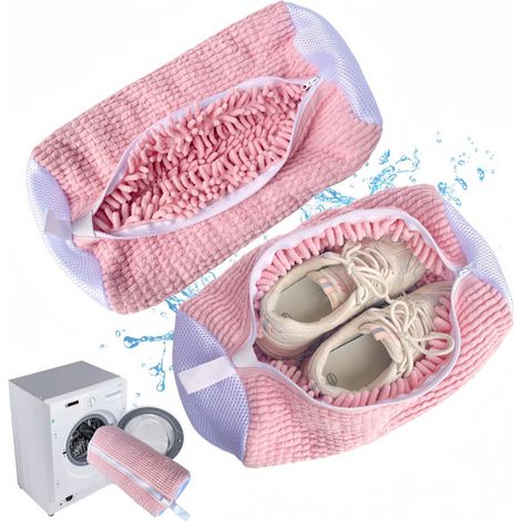 Deux sacs à chaussures pour machine à laver, réutilisables pour une utilisation en machine à laver et en sèche-linge, adaptés aux chaussures de sport, doublure en microfibre, roses.