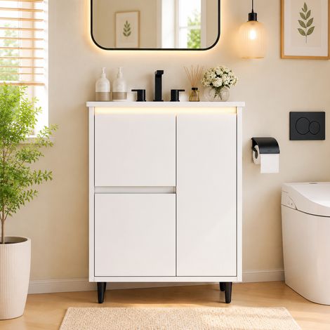 6146,587cm, lavabo de salle de bain autoportant, surface entièrement laquée, vasque en céramique intégrée, charnières à amortissement, deux tiroirs, pieds hauts, blanc. (1/5)