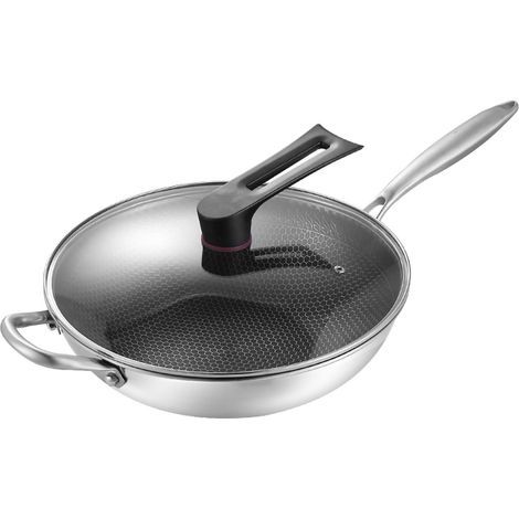 Poêle Wok en Acier Inoxydable 34cm Antiadhésive à Nid d'Abeille 3 Couches - Facile à Nettoyer, avec Couvercle et Poignées (1/5)