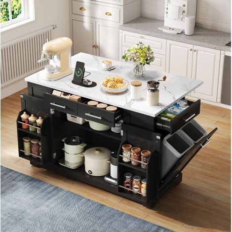 Isola da cucina 138x86x92 cm, piano ribaltabile, presa EU con USB e Type C, vano rifiuti estraibile, MDF nero (1/5)
