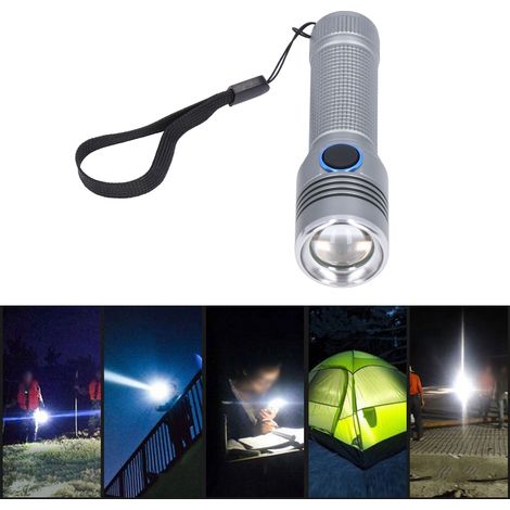 Hochleistungsfähige T6-LED-Taschenlampe mit 2000 lm, drehbarem Zoom, wasserdicht, ideal für Outdoor-Aktivitäten, Reisen, Wandern, Camping, Notfallsituationen und den Gebrauch zu Hause (grau). (1/5)