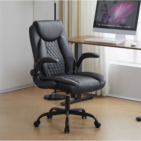 Silla de oficina ergonómica de cuero negro, altura regulable, reposabrazos abatibles DESVIAE (1/5)