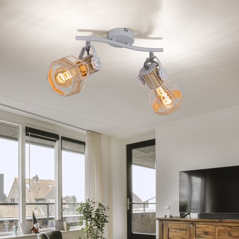 Plafonnier aspect bois spot spot plafonnier orientable blanc, métal, 2x douilles E27, LxlxH 29,6x23x19 cm