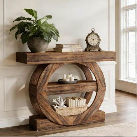 Mesa consola de entrada de madera 105 x 30 x 85 cm, 3 niveles abiertos, marrón rústico OKMYHOME (1/5)