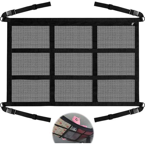 80x53cm Filet Rangement Toit Voiture avec Fermeture Éclair, Sac Treillis Plafond Auto Double Couche Réglable, Accessoires Intérieurs Camping, Organisateur Bagage Maille pour Van et Roadtrips (1/5)