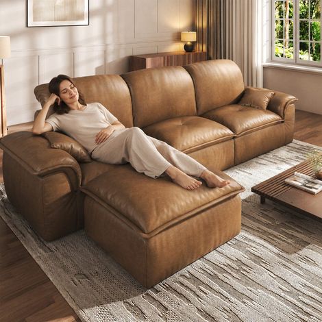 Grand Canapé d'angle 280x 185 x 87 cm marron,canapé modulable 4 places avec méridienne, canapé mudulaire effet cuir doux pour le salon (1/5)