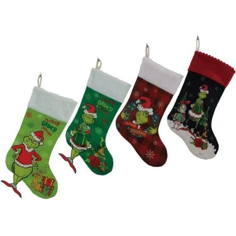 Lot de 4 chaussettes de Noël Grinch, chaussette de Noël monstre Grinch, décoration amusante à suspendre à la cheminée. (1/5)