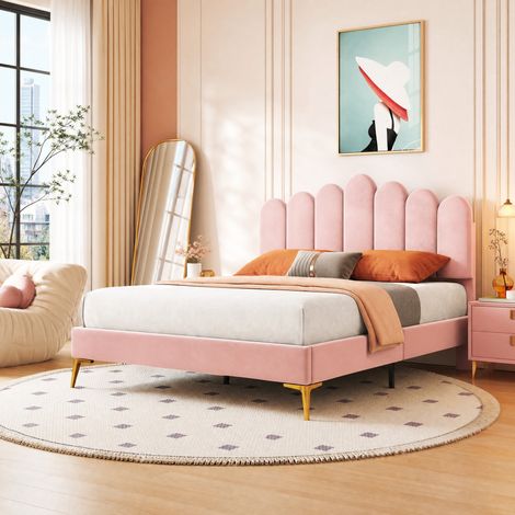 Letto matrimoniale 140x200 cm, testiera rosa regolabile, velluto e legno, senza materasso FloraGrace (1/5)
