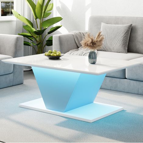 Tavolino da caffè in truciolare bianco lucido 100 cm con LED, design a V (1/5)