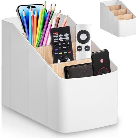 Organizzatore da scrivania per telecomandi: organizer da tavolo con 4 tasche, contenitore in plastica per telecomandi, organizer da scrivania per telecomandi, articoli di cancelleria e penne. (1/5)