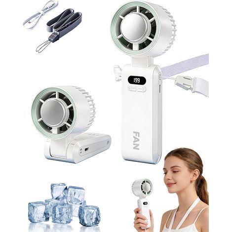 Ventilateur Portable Refroidissant Turbo, 199 Vitesses, Ventilateur Main, Cou et Bureau Rechargeable avec Dragonne(Blanc) (1/5)