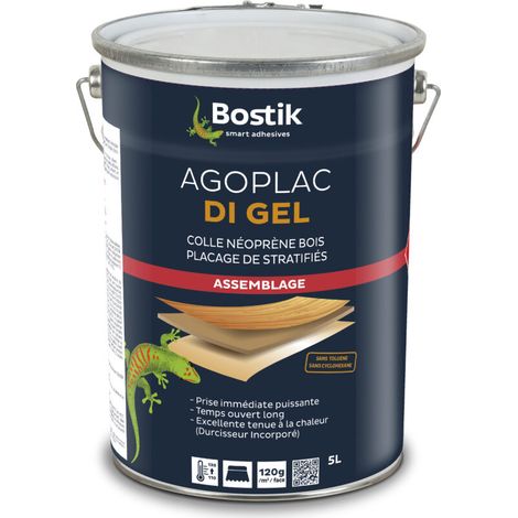 Bostik AGOPLAC DI GEL – Colle Néoprène Gel Haute Performance – Prise Immédiate & Temps Ouvert Long – Placage Stratifiés & Assemblage Multi-Matériaux – Bidon 5L