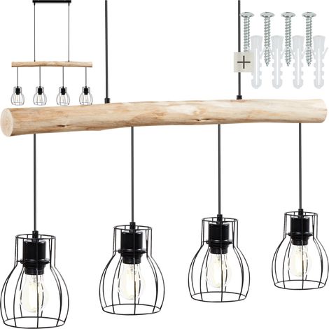 Lampes suspendues style industriel poutre en bois et 4 ampoules 40 W