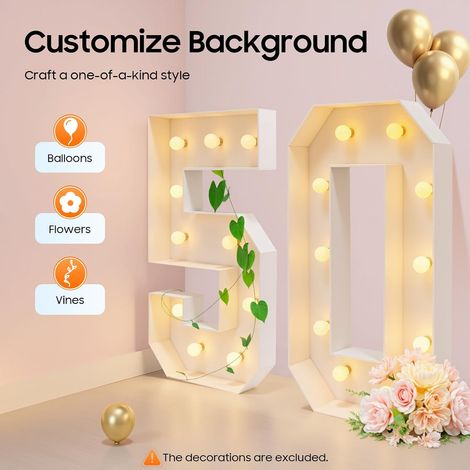 Chiffre Lumineux 50, Décoration LED Anniversaire 100 cm avec Ampoules, Lettre Lumineuse sur Pied pour Fête Adulte 40 Ans, Kit 20 LEDs