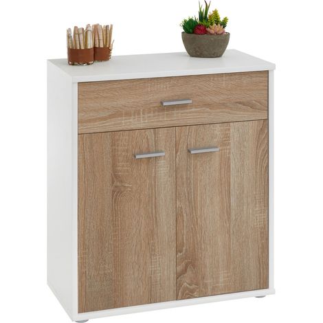 Idimex – Buffet moderne blanc et chêne sonoma – 2 portes et 1 tiroir – Dimensions 70 x 60 x 30 cm – Panneaux de particules mélaminés
