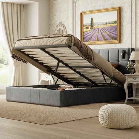 Cama de matrimonio tapizada con arcón hidráulico 160 x 200 cm, luz de lectura, cabecero acolchado, somier de lamas de doble fila, gris (1/5)
