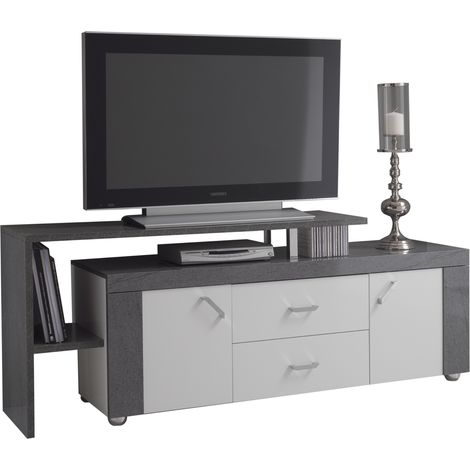 LUNA - Meuble TV Gris avec plateau 2 Portes 2 Tiroir (1/3)