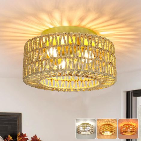 Plafonnier en rotin, lustre bohème, suspension avec ampoule, lustre de plafond de style Wabi-sabi, 3 températures de couleur (3000K-6000K) (1/5)