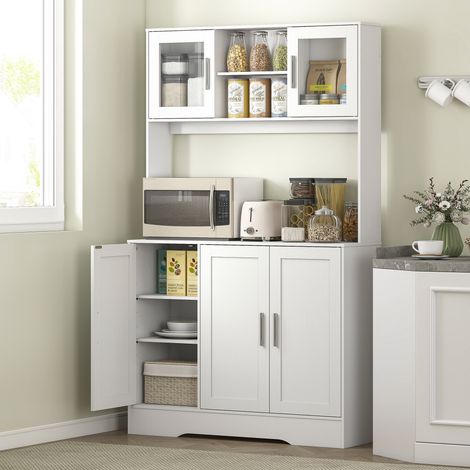 Meuble de cuisine, design scandinave, 4 placards, étagères réglables, portes vitrées, plan de travail ouvert, panneaux de particules, MDF, blanc
