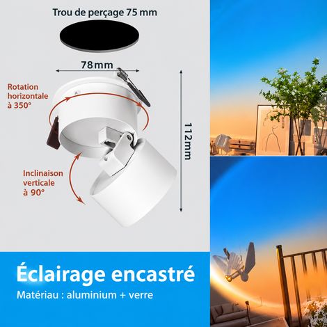 Spot LED encastrable d'ambiance lumière aube 15W blanc perçage 75 mm 75mm blanc 15w350 réf 9,5 × 9,5 × 12 cm 400 g – Livraison gratuite
