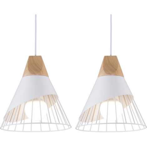 Lampada a Sospensione Bianco Stile Nordico Lampadario Forma di Badminton Metallo e Legno per Sala da Pranzo Cucina Soggiorno Barra 2 Pezzi (1/5)