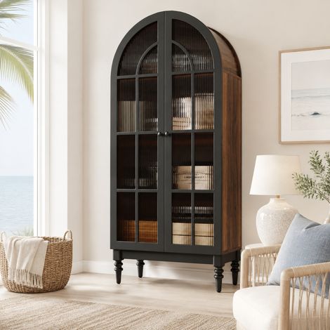 Hohe Standvitrine mit Glastüren und Bogenform, 76 x 38,5 x 165 cm, MDF Schwarz, OKWISH (1/5)
