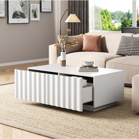 Table basse avec 2 tiroirs, motif ondulé, MDF et panneaux de particules, 100x50x40 cm, blanc (1/5)