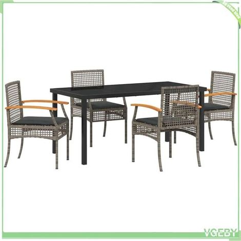 Ensemble de salle à manger pour jardin - FAFEICY - 3380823 - Gris - Acacia massif & polyrotin - Plateau verre noir (1/5)