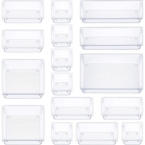 16 pièces organisateur tiroir, 5 tailles boite rangement tiroir, antidérapant organiseur maquillage, pour papeterie de bureau rangement, commode, salle de bain, cuisine (transparent) (1/5)