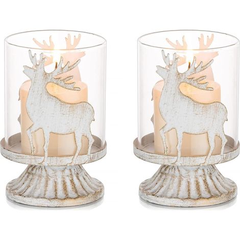 2er Set Kerzenhalter Rentier mit Glaswindlicht, Landhausstil Deko, Weiß (1/5)