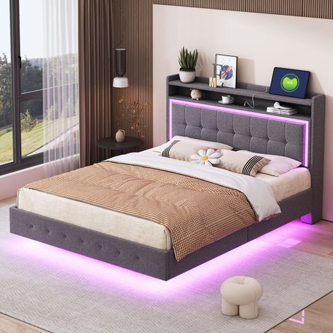 Cama tapizada 140/200 cm gris de lino con USB y LED (1/5)