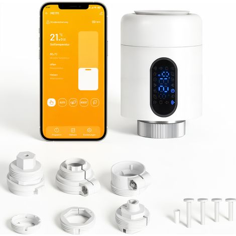 Randaco Smartes Heizkörperthermostat WiFi, App-Steuerung, Smart Life/Tuya, 7 Ventiladapter je Thermostat, Weiß, 1 Stück (1/5)