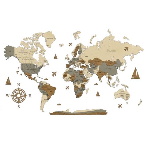 Mapa del mundo 3D de madera con patrón de 17 países y fronteras, 210 x 130 cm. (1/5)