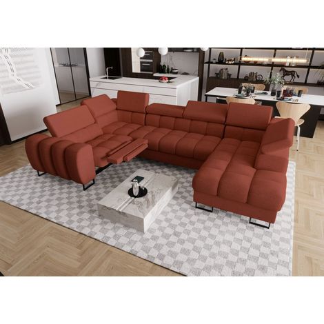 Wohnlandschaft Schlafsofa BASTIEN RELAX in Stoff Moly Ziegelrot Ottomane Rechts