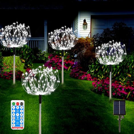 Lot de 4 guirlandes lumineuses solaires de jardin, 120 LED, 30 fils de cuivre, feux d'artifice, paysage, allée, guirlande lumineuse étanche, 8 modes d'éclairage, télécommande pour jardin, fête-Lumière (1/5)