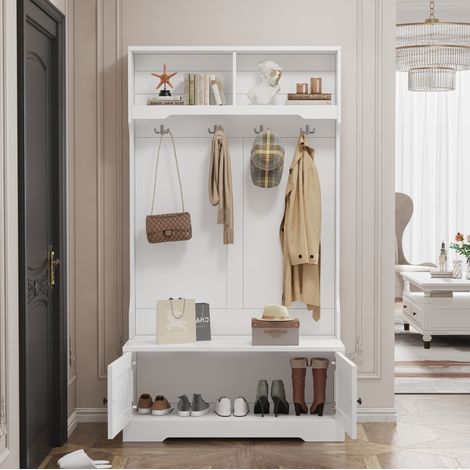 CHICFURN Mueble de recibidor con banco 101,5x47x183 cm blanco, 4 ganchos, 2 nichos (1/5)