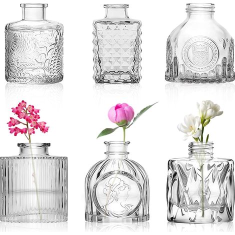 Lot de 6 Petits vases pour décoration de Table: Ensemble de vases en Verre Vintage, Vase décoratifs en Verre, Vase à Fleurs étroit pour Maison, Mariages, Anniversaires, fêtes, Cadeaux, 8 cm (1/5)