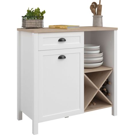 Buffet bas de cuisine Coper avec porte-bouteilles de style nordique en blanc et chêne Jackson 95 x 92 cm (1/5)