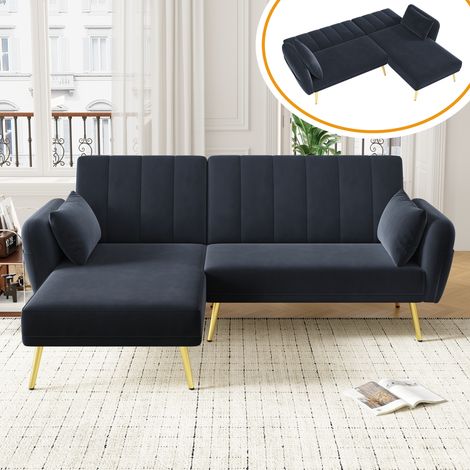 Canapé d'angle convertible 191,5 x 130,5 x 80 cm en velours noir méridienne réversible dossier 3 positions poches latérales salon TV