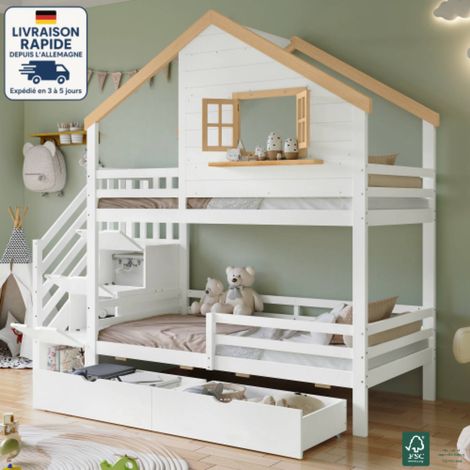 Litera 90x200cm - Escalera con almacenaje, un diseño inteligente para una casa pequeña - Con espacio de almacenaje en cajones - Madera certificada PEFC - Color blanco + natural (1/5)
