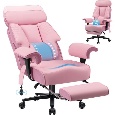 Fauteuil de bureau XXL, fauteuil pivotant ergonomique supportant jusqu'à 227 kg, grand et haut, avec assise large et soutien lombaire réglable, rose