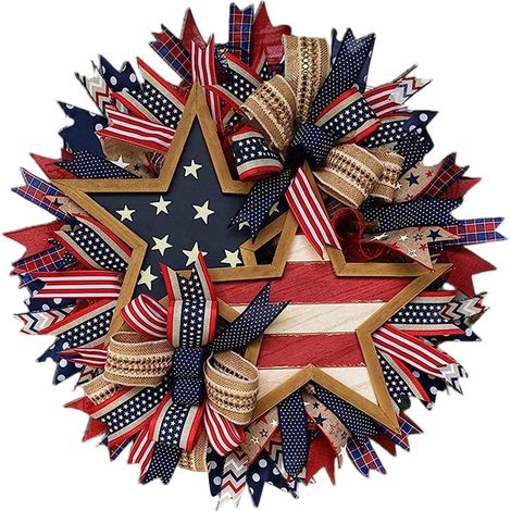Guirlande Étoile Patriotique - Couronne en Ruban 3D avec Plaque en Bois - Décoration Porte d'Entrée pour Fête Nationale - 1 Pièce (1/5)