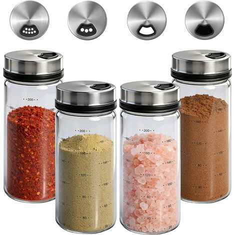 4 Pièces Pot Epices Verre 200ml, Bocaux à Épices Ronds, Grandes Salières avec Couvercle Rotatifs, Pots à Épices pour Cuisine et Barbecue en Plein Air (1/5)