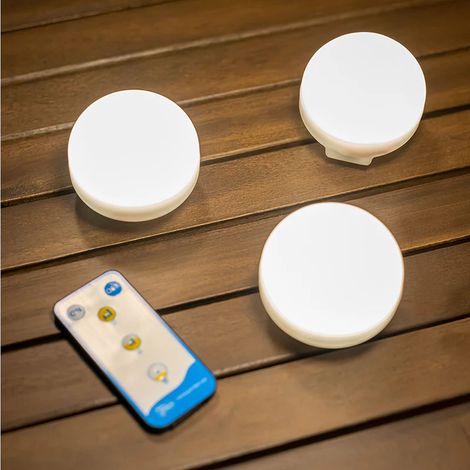 Akku Leuchtmittel LED 3er Set tragbar mit Haken Magnet Ø 6,5 cm 2700 K dimmbar Fernbedienung USB IP54 Campingleuchte