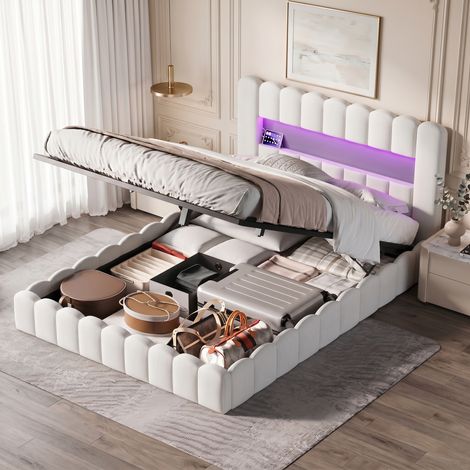 BLANKETSWARM - Lit coffre 160 x 200 cm avec sommier, lit adulte double 160x200 cm - Ports USB et LED réglables - Lin Beige (1/5)