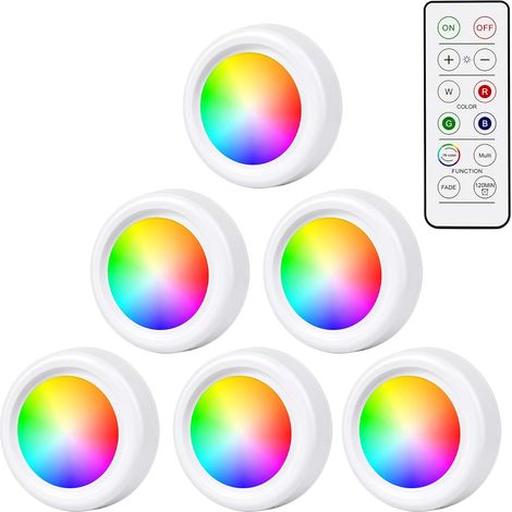 Lot de 6 spots LED RVB à piles avec télécommande, 16 changements de couleur, éclairage d'armoire, éclairage de vitrine sans fil, lampe tactile, minuterie et fonction mémoire, spot LED à piles pour (1/5)