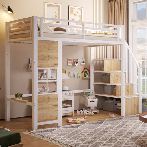 Letto a castello 90/200 cm in metallo e MDF con scala contenitore, spazio aperto sotto e protezione di sicurezza (1/5)